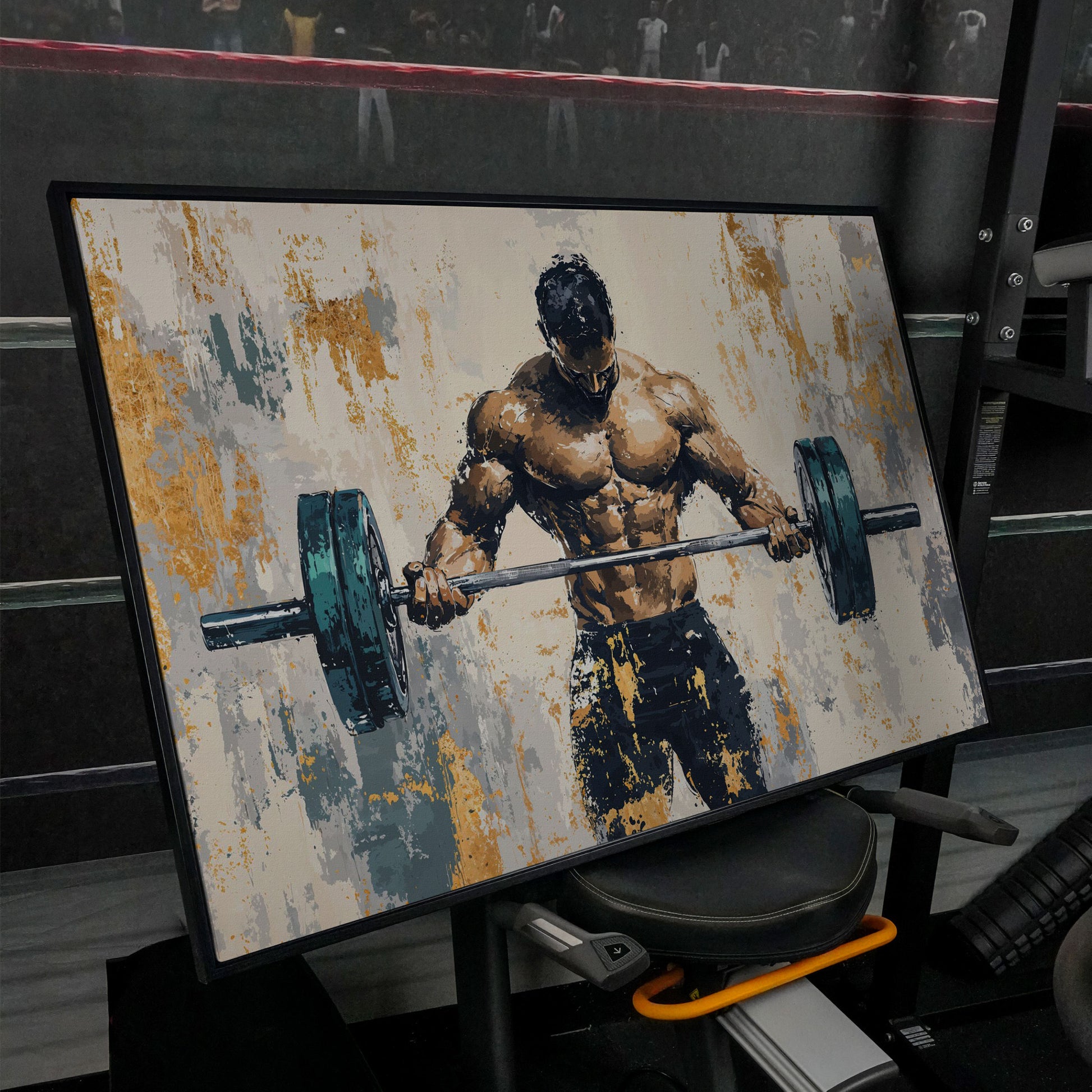 Weightlifter with Barbell Canvas Print in Teal and Gold in black floating frame
