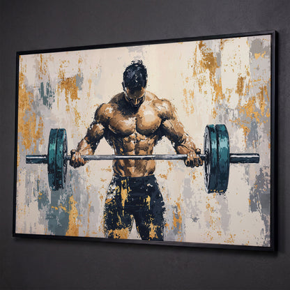 Weightlifter with Barbell Canvas Print in Teal and Gold shown in black floating frame