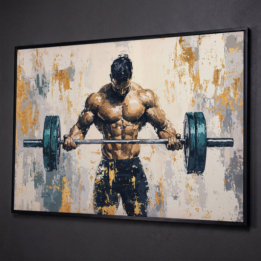 Weightlifter with Barbell Canvas Print in Teal and Gold shown in black floating frame