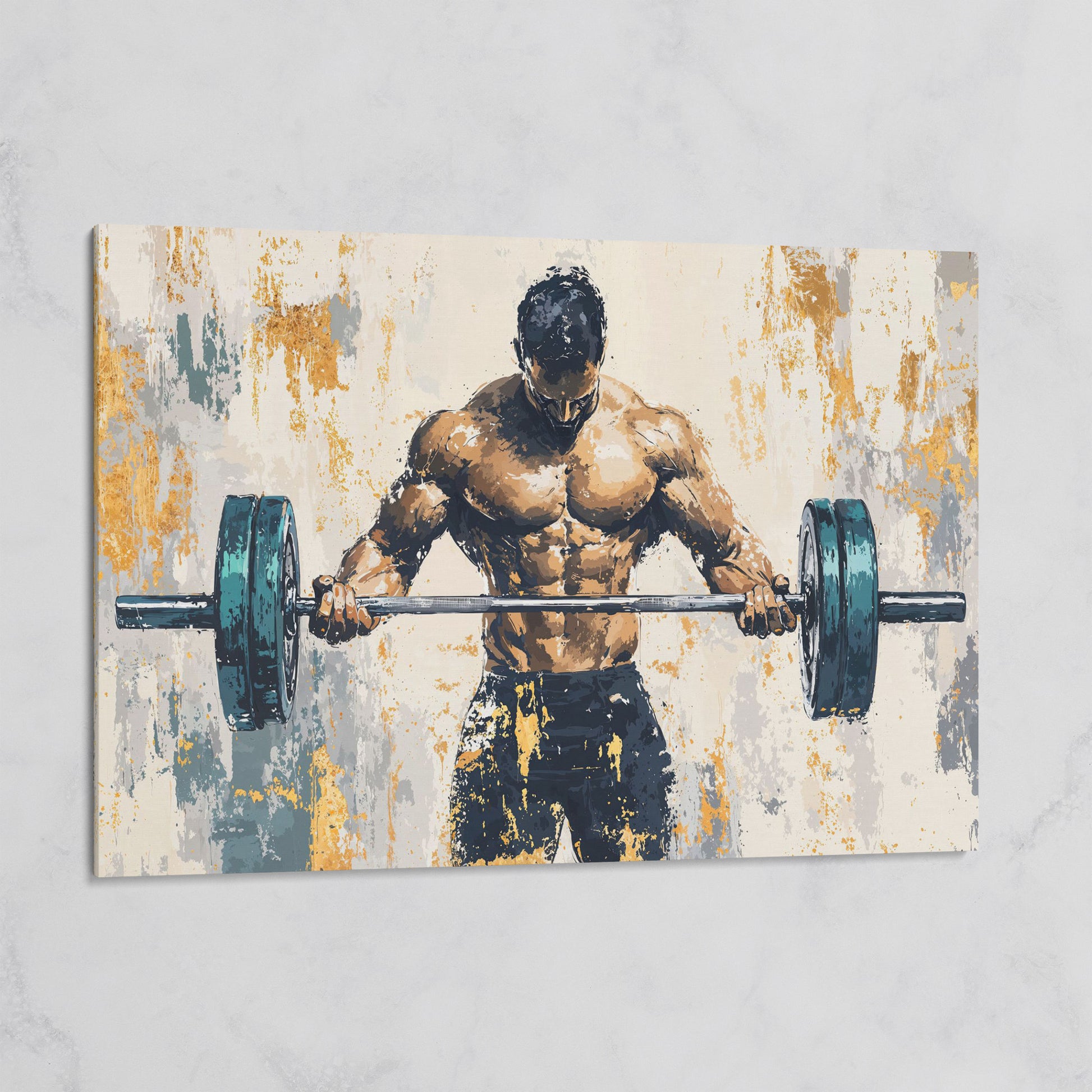 Weightlifter with Barbell Canvas Print in Teal and Gold on gallery wrap