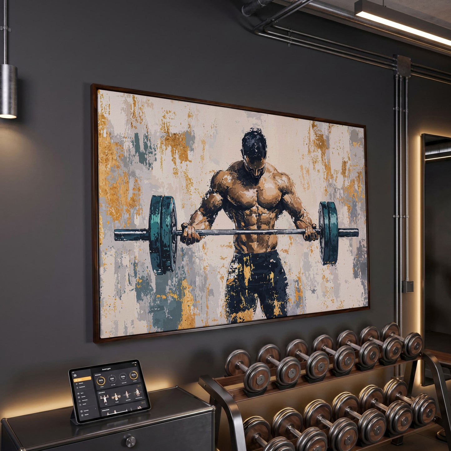 Weightlifter with Barbell Canvas Print in Teal and Gold in dark walnut floating frame