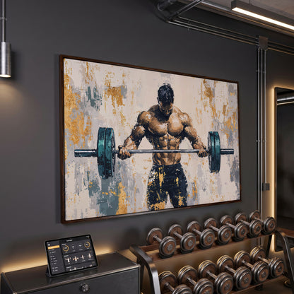 Weightlifter with Barbell Canvas Print in Teal and Gold in dark walnut floating frame