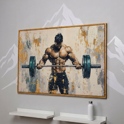 Weightlifter with Barbell Canvas Print in Teal and Gold in white oak floating frame