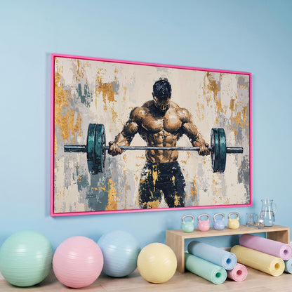 Weightlifter with Barbell Canvas Print in Teal and Gold in pink floating frame