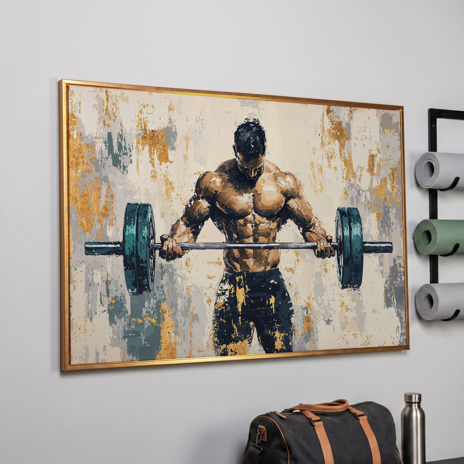Weightlifter with Barbell Canvas Print in Teal and Gold in rose gold floating frame