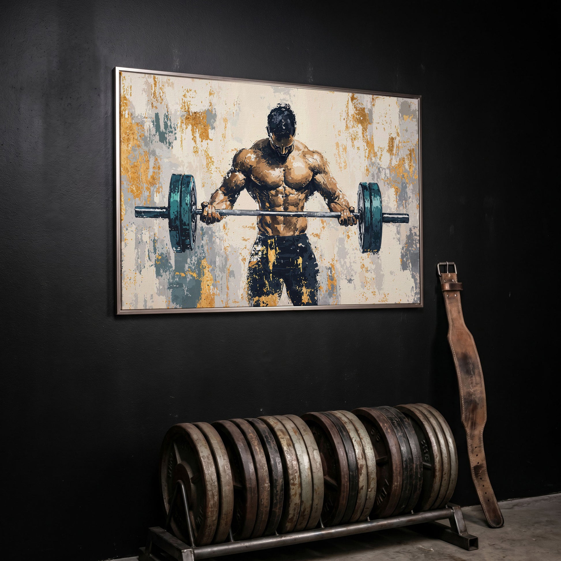 Weightlifter with Barbell Canvas Print in Teal and Gold in silver floating frame