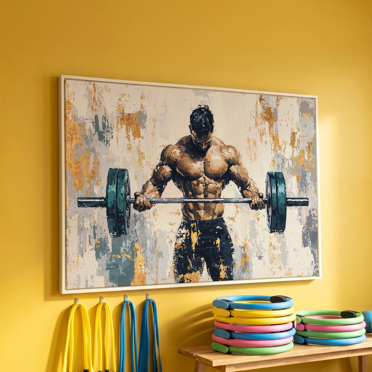 Weightlifter with Barbell Canvas Print in Teal and Gold in white floating frame
