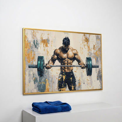 Weightlifter with Barbell Canvas Print in Teal and Gold in yellow gold floating frame