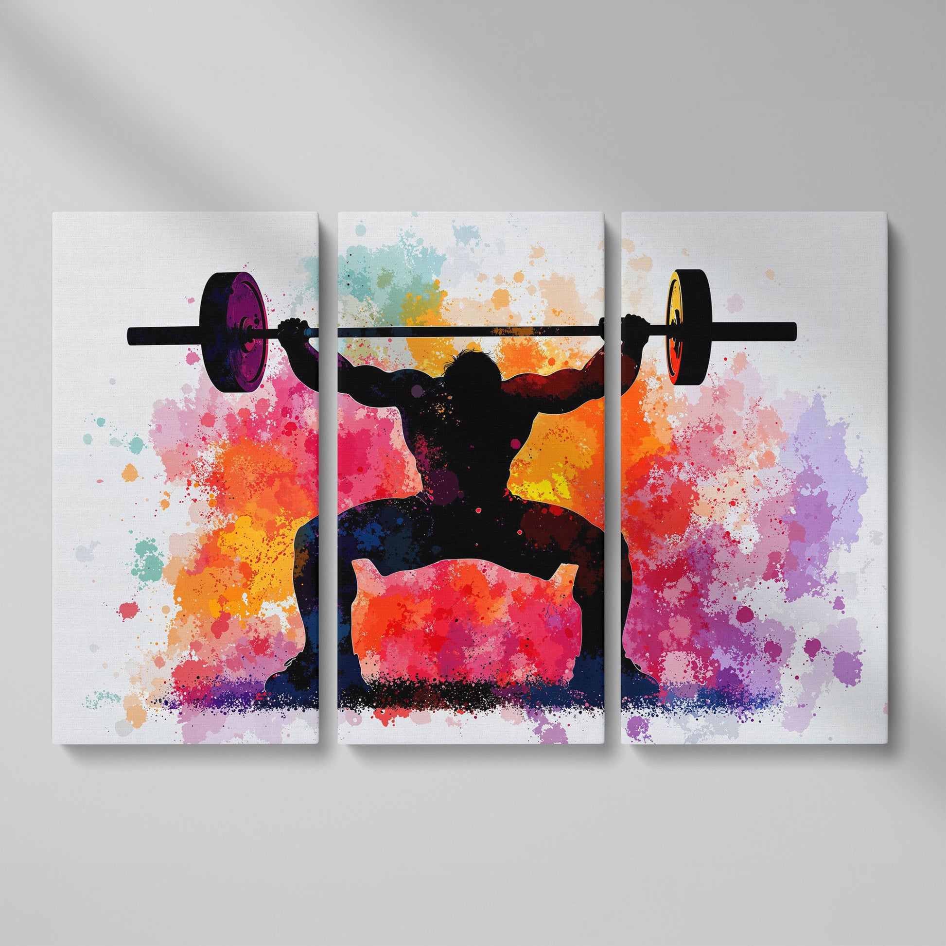 Weightlifter Silhouette Canvas with Colorful Splash as 3-panel split version