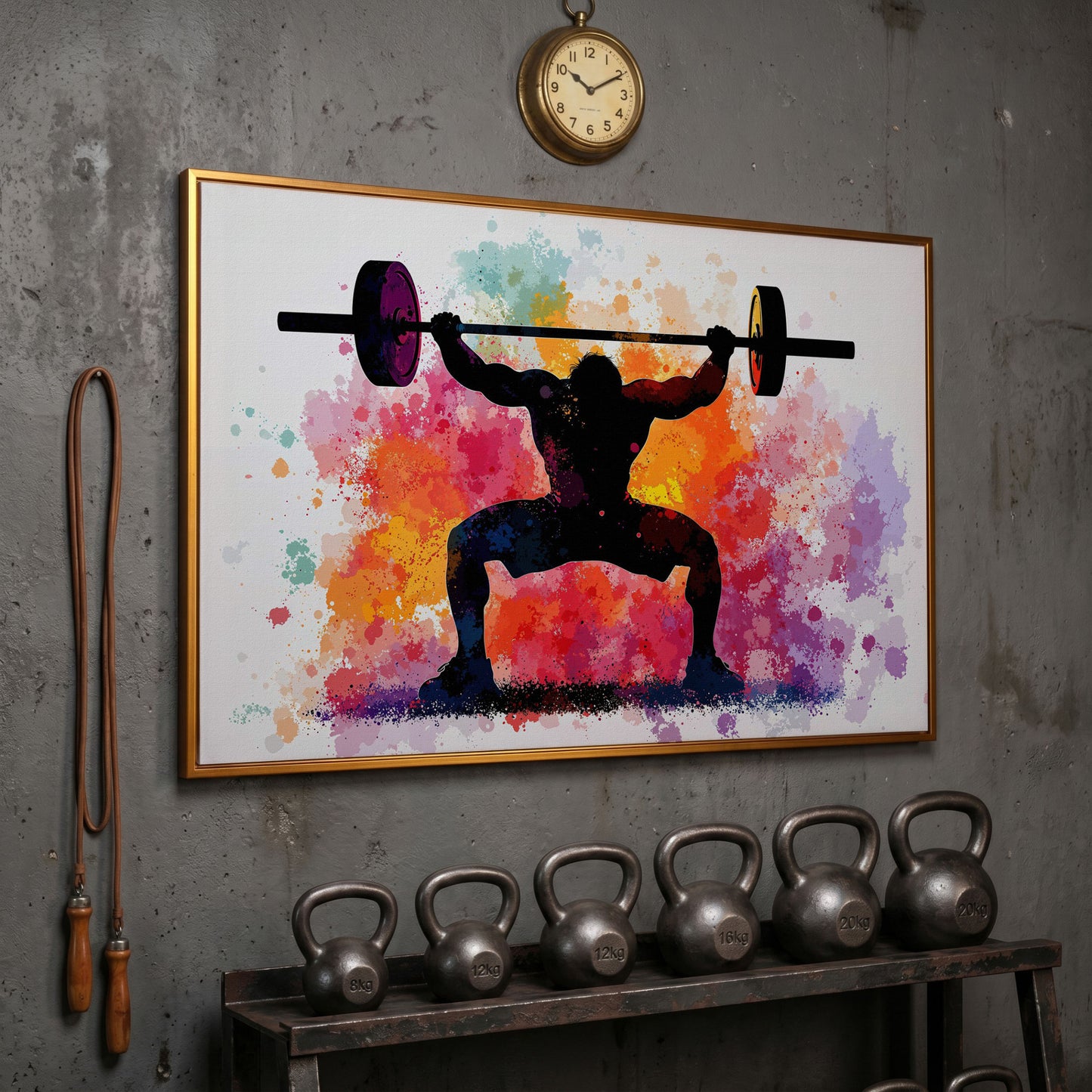 Weightlifter Silhouette Canvas with Colorful Splash in antique gold floating frame