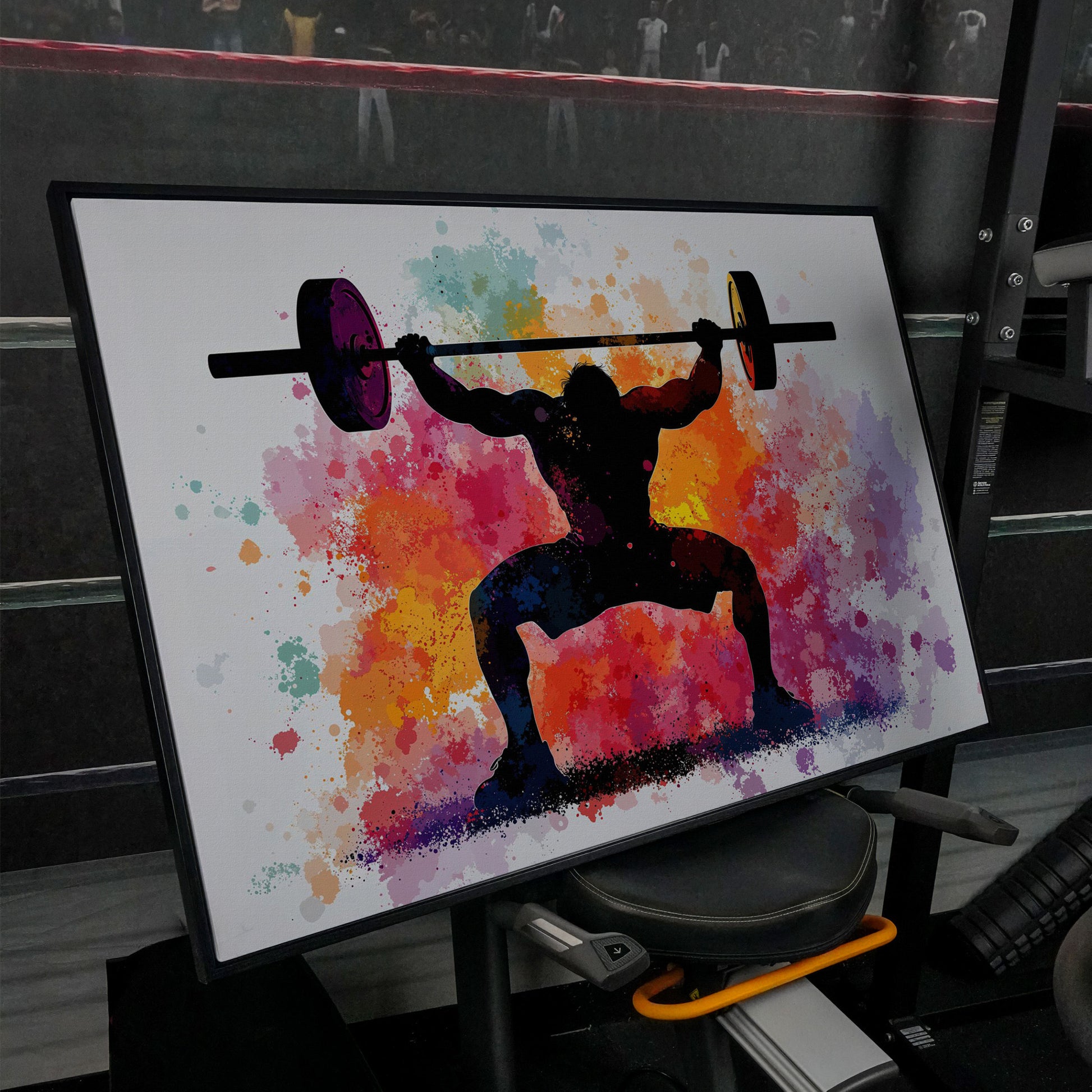 Weightlifter Silhouette Canvas with Colorful Splash in black floating frame