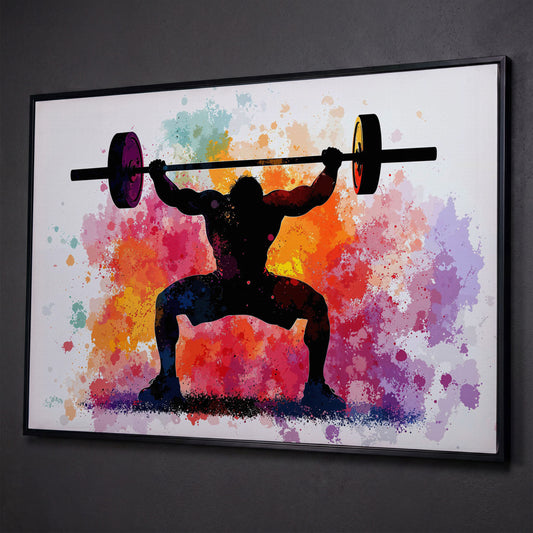 Weightlifter Silhouette Canvas with Colorful Splash shown in black floating frame
