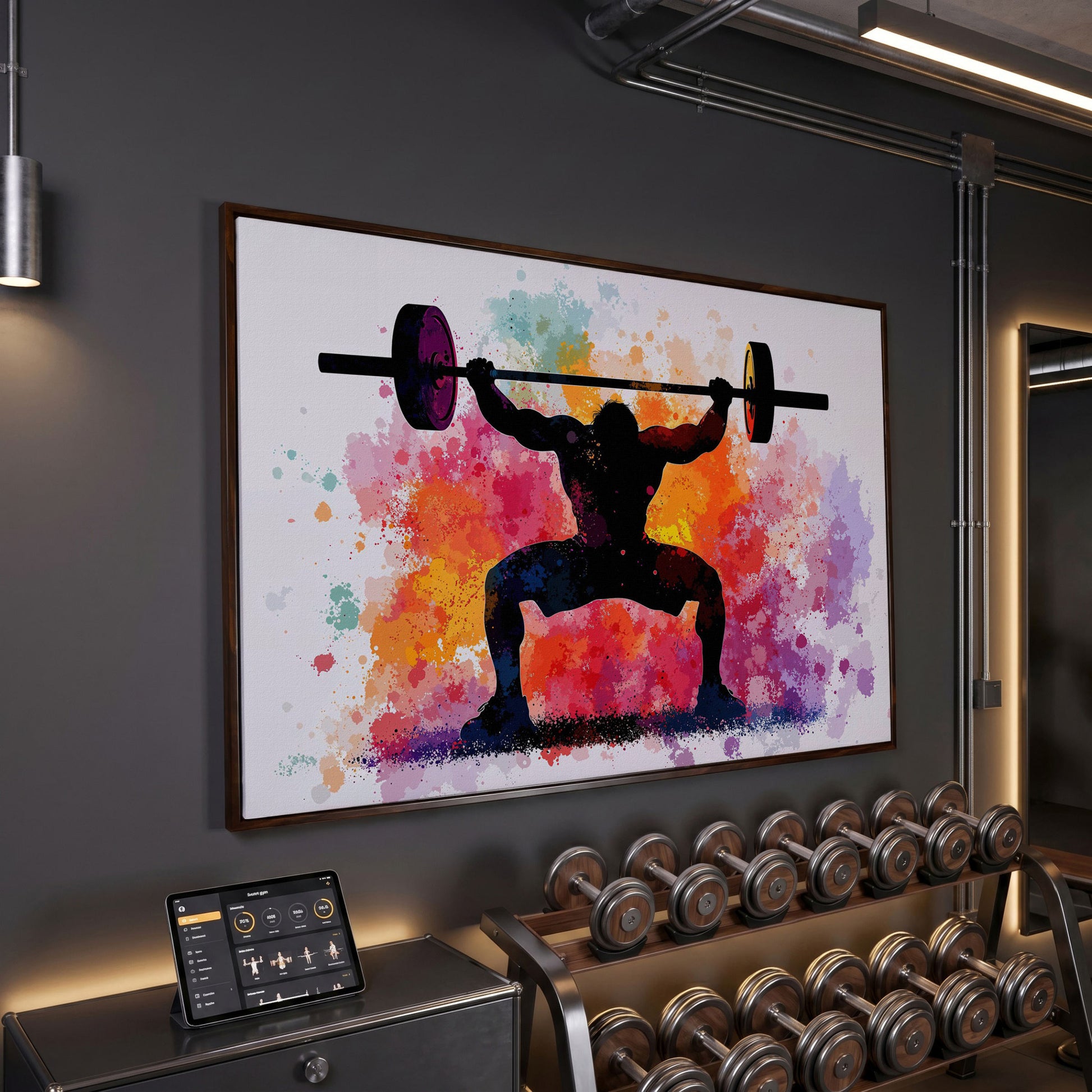 Weightlifter Silhouette Canvas with Colorful Splash in dark walnut floating frame