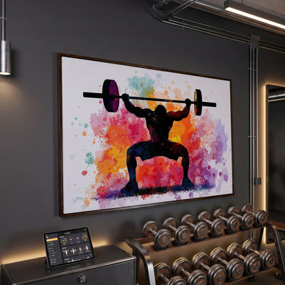 Weightlifter Silhouette Canvas with Colorful Splash in dark walnut floating frame