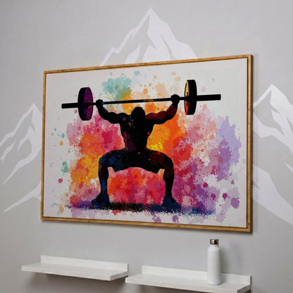 Weightlifter Silhouette Canvas with Colorful Splash in white oak floating frame
