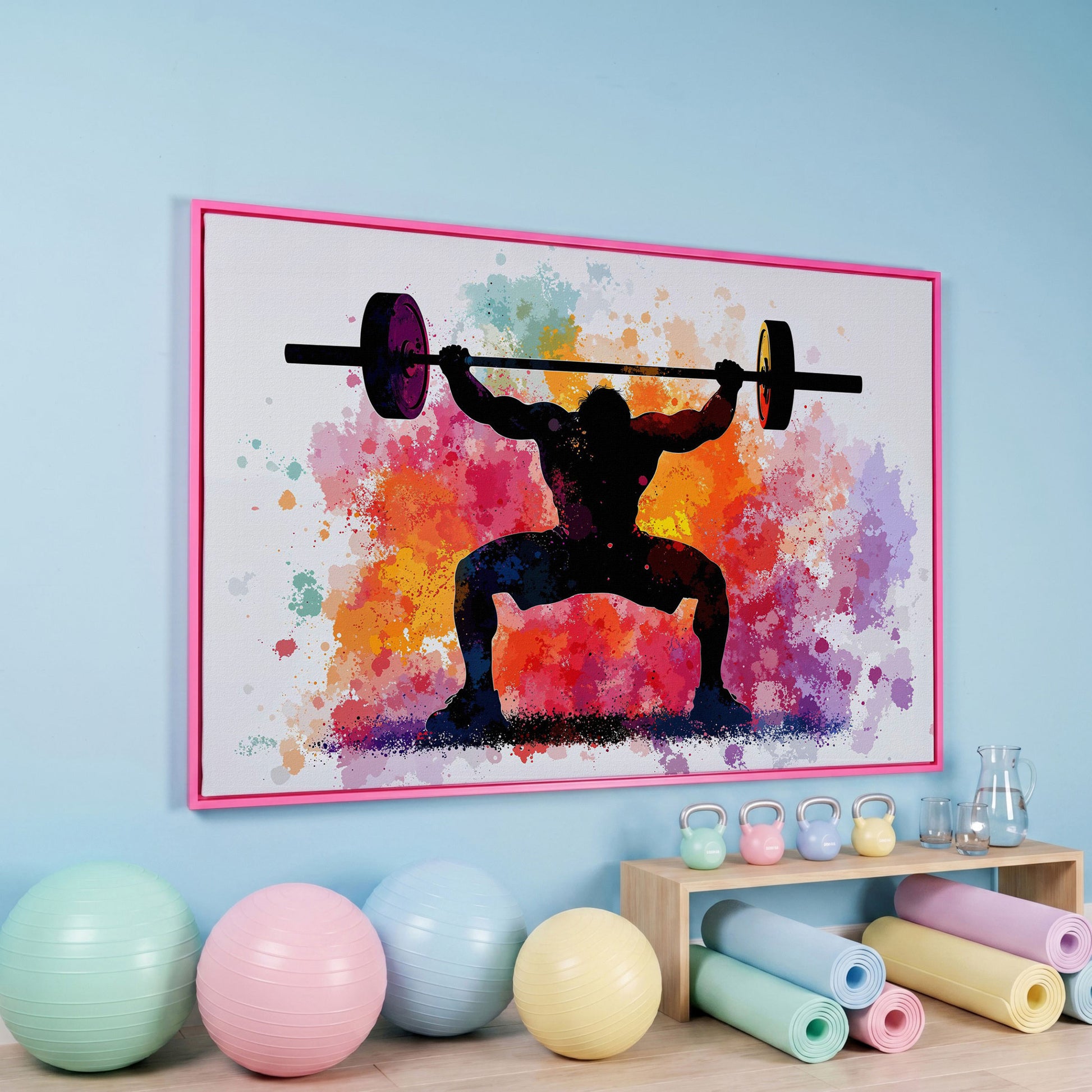 Weightlifter Silhouette Canvas with Colorful Splash in pink floating frame
