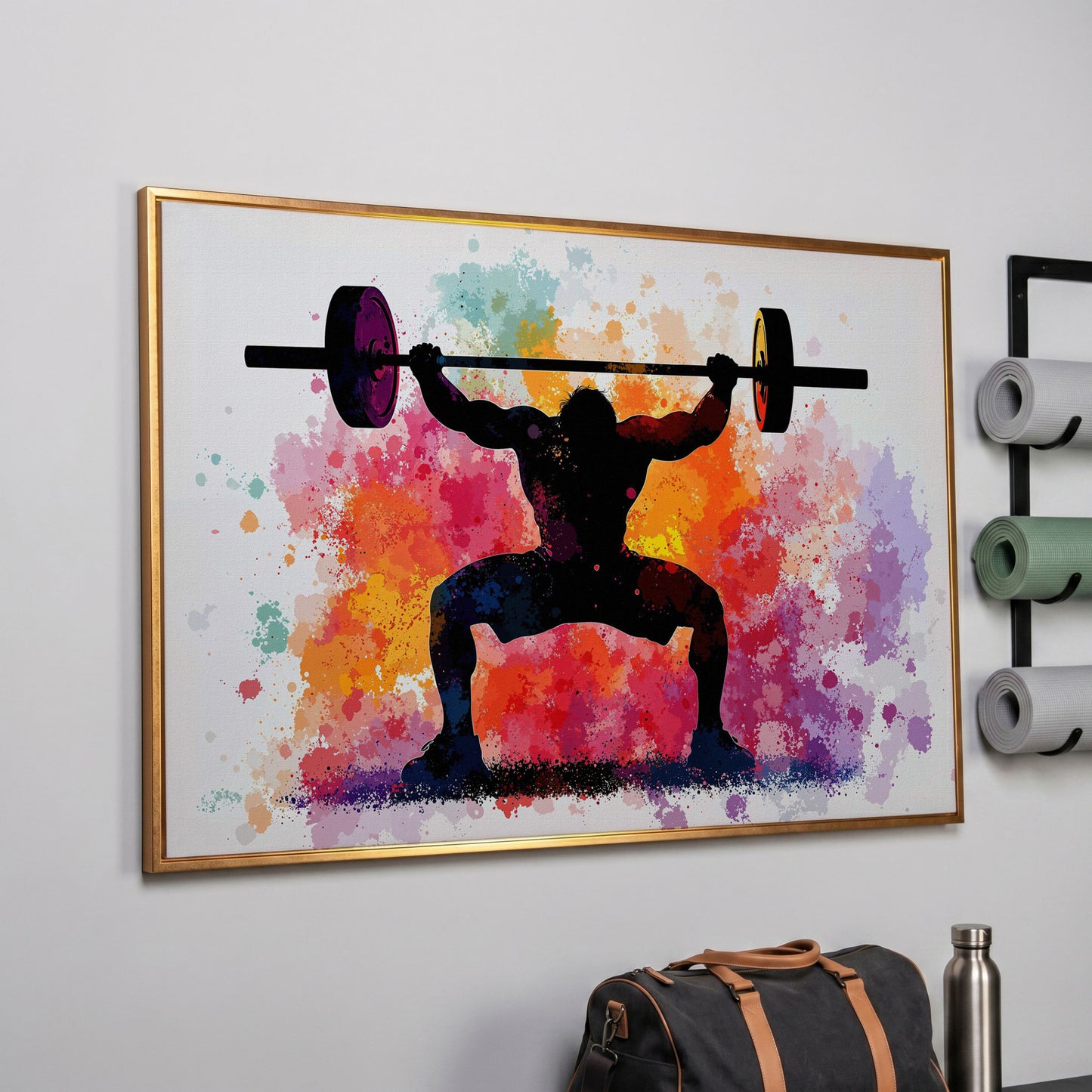 Weightlifter Silhouette Canvas with Colorful Splash in rose gold floating frame