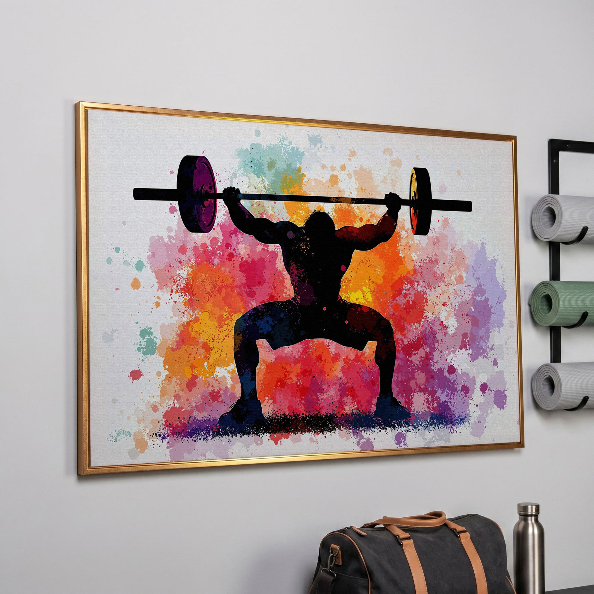 Weightlifter Silhouette Canvas with Colorful Splash in rose gold floating frame