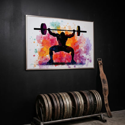Weightlifter Silhouette Canvas with Colorful Splash in silver floating frame