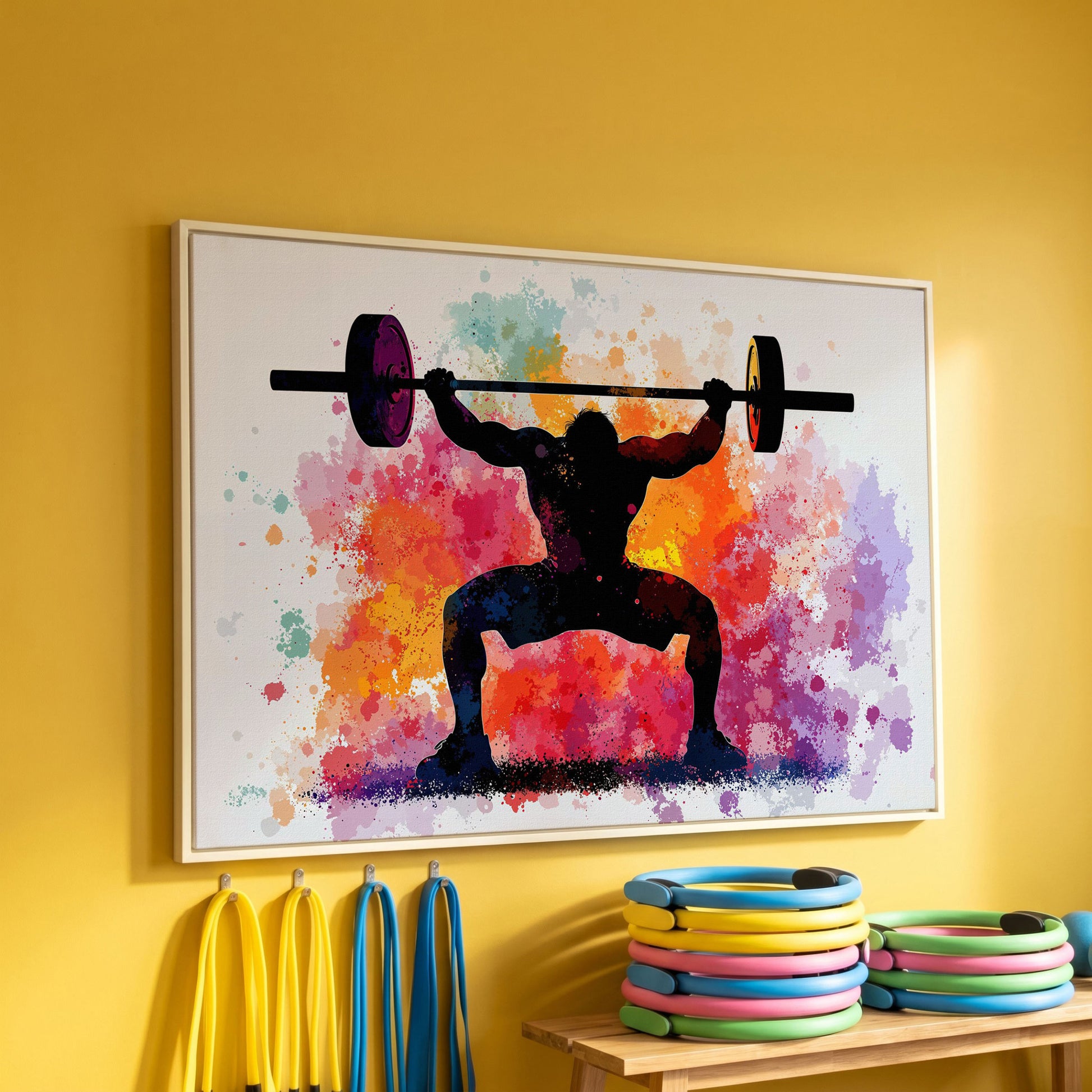 Weightlifter Silhouette Canvas with Colorful Splash in white floating frame