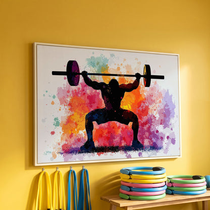 Weightlifter Silhouette Canvas with Colorful Splash in white floating frame