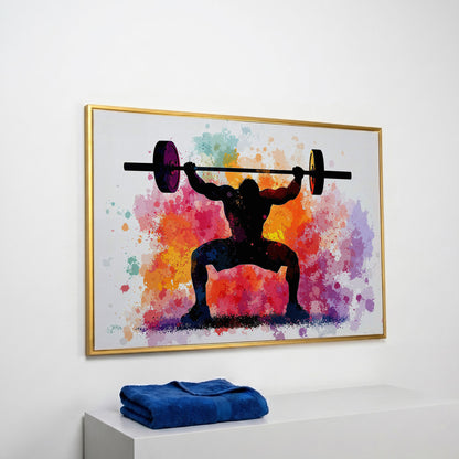 Weightlifter Silhouette Canvas with Colorful Splash in yellow gold floating frame