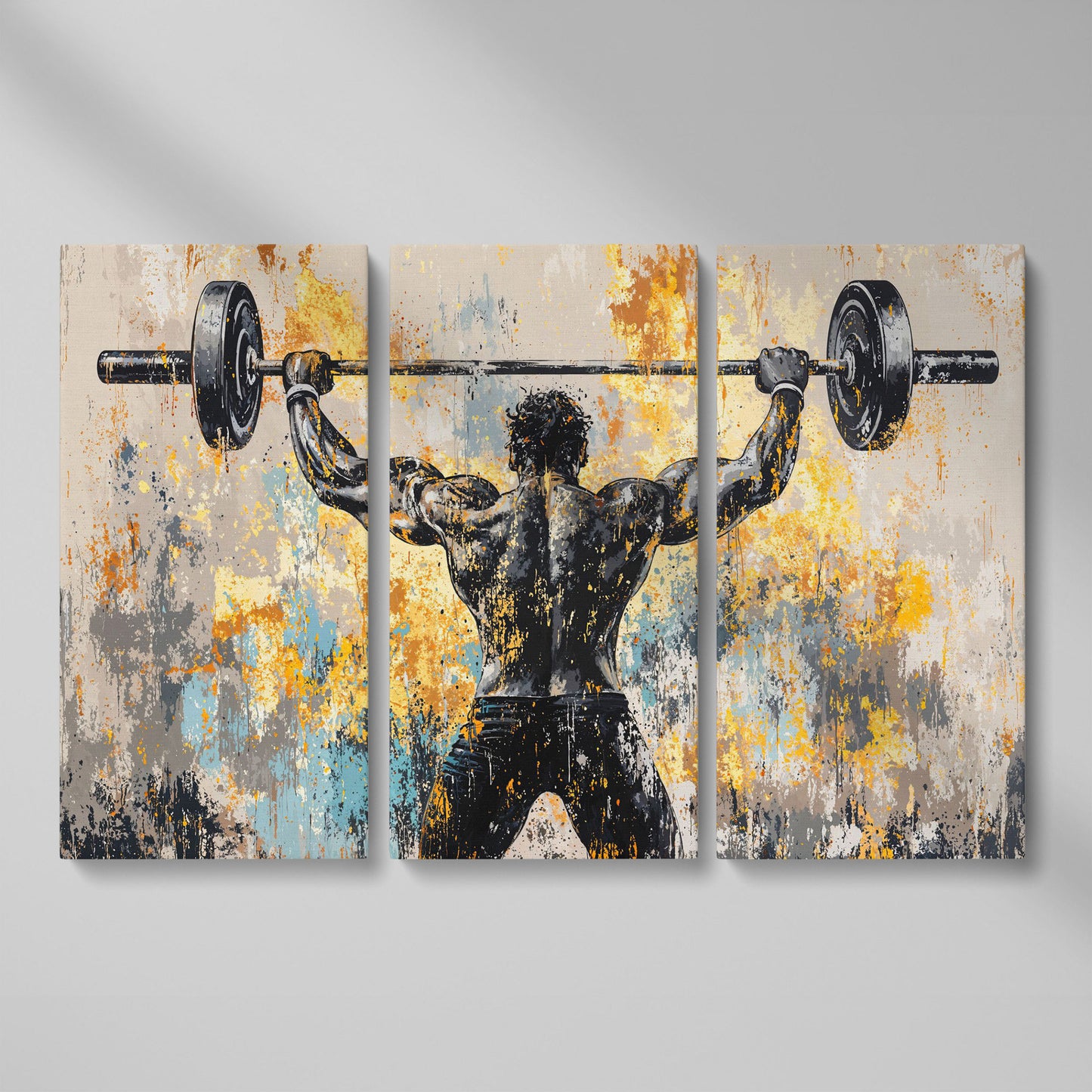 Strongman with Barbell Canvas. Mustard & Charcoal Gym Art as 3-panel split version