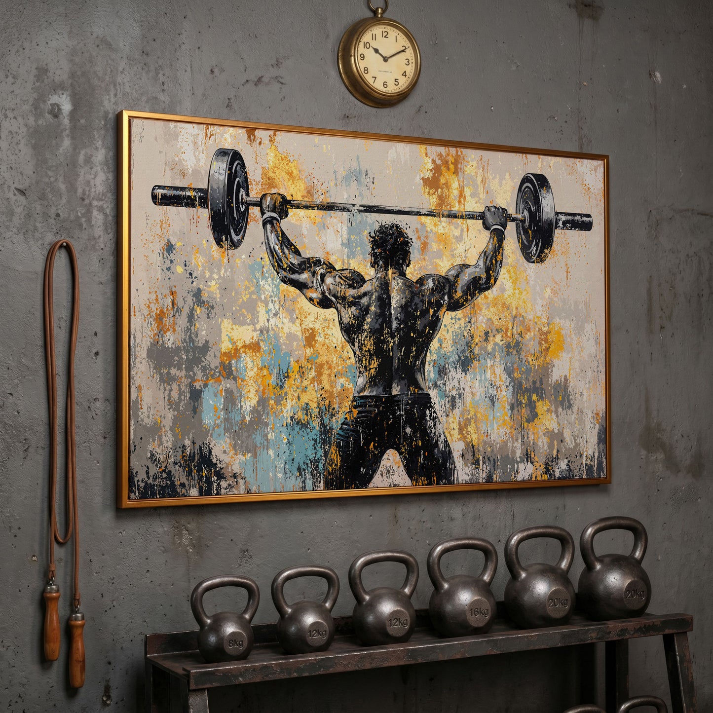 Strongman with Barbell Canvas. Mustard & Charcoal Gym Art in antique gold floating frame