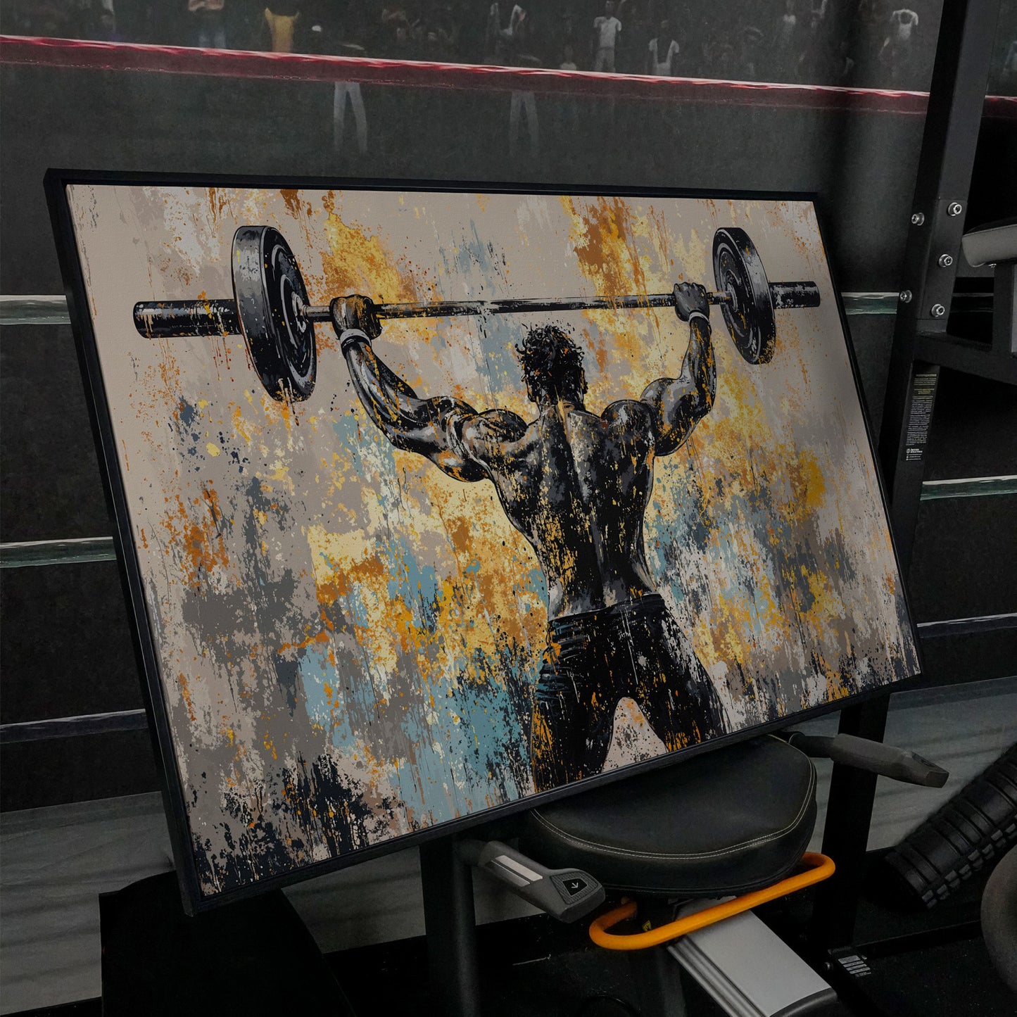 Strongman with Barbell Canvas. Mustard & Charcoal Gym Art in black floating frame
