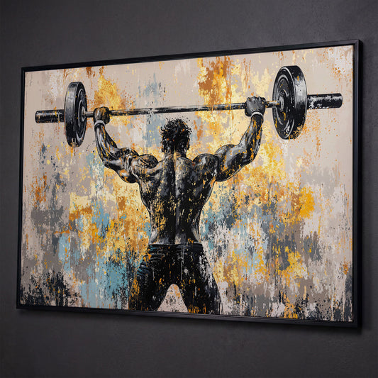 Strongman with Barbell Canvas. Mustard & Charcoal Gym Art shown in black floating frame