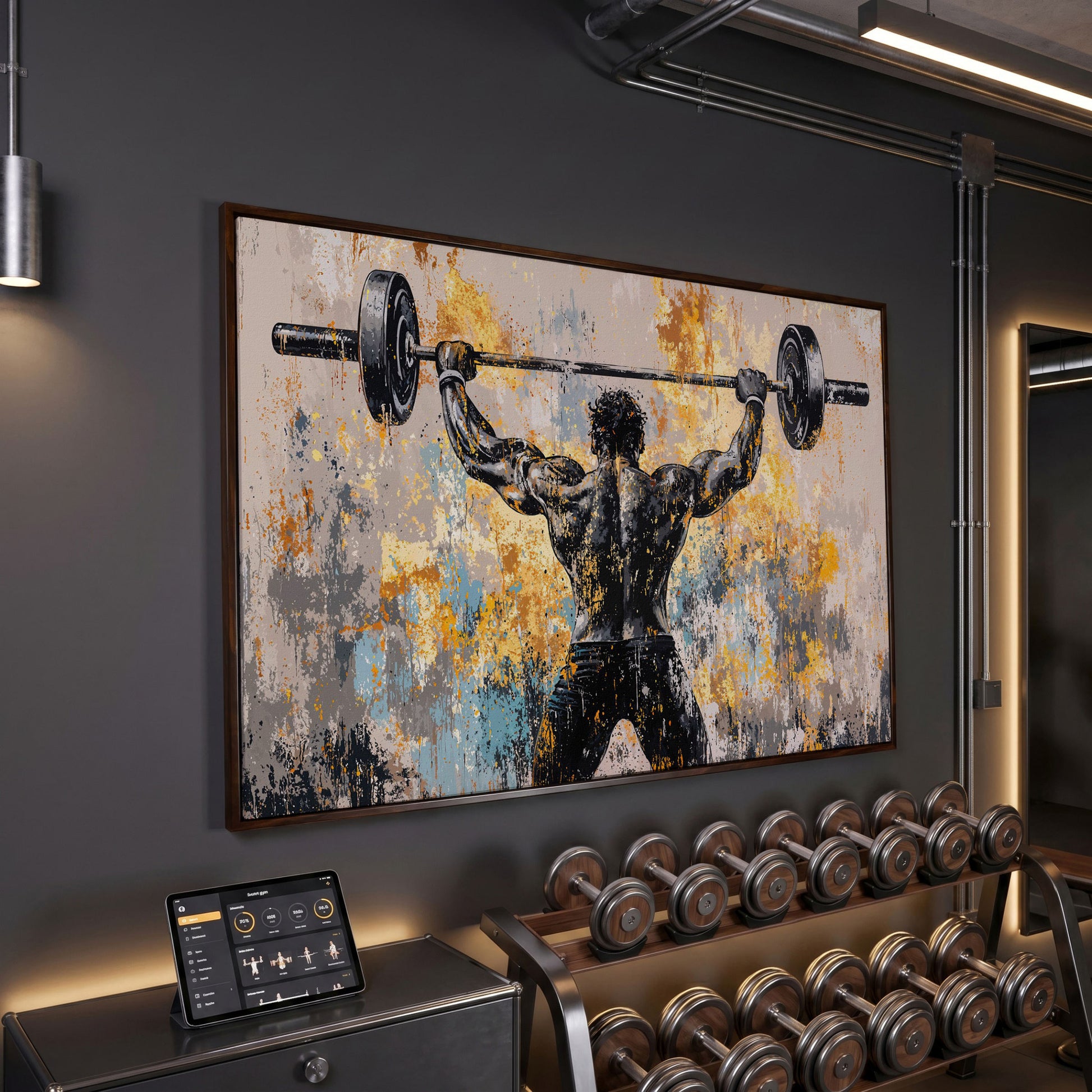 Strongman with Barbell Canvas. Mustard & Charcoal Gym Art in dark walnut floating frame