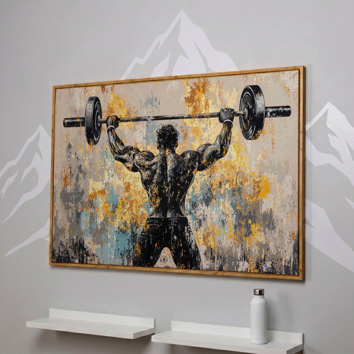 Strongman with Barbell Canvas. Mustard & Charcoal Gym Art in white oak floating frame