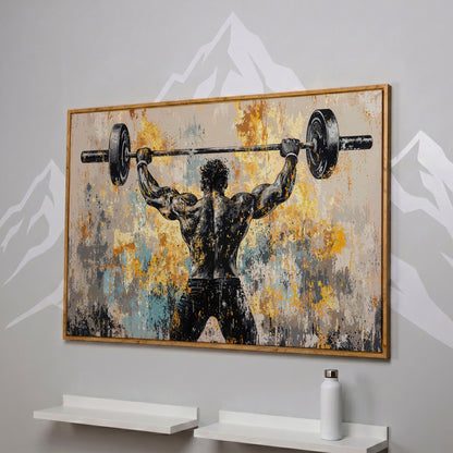 Strongman with Barbell Canvas. Mustard & Charcoal Gym Art in white oak floating frame