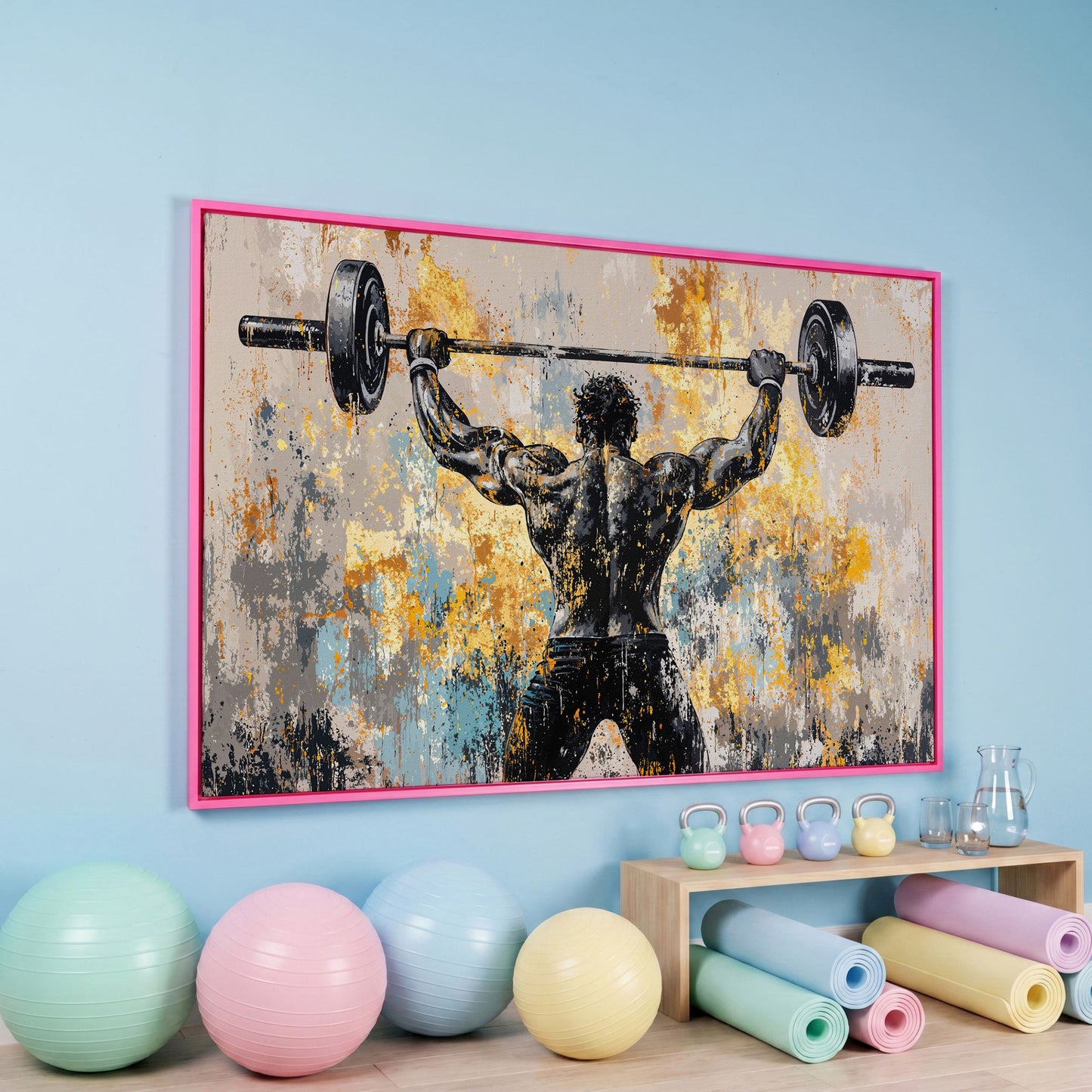 Strongman with Barbell Canvas. Mustard & Charcoal Gym Art in pink floating frame
