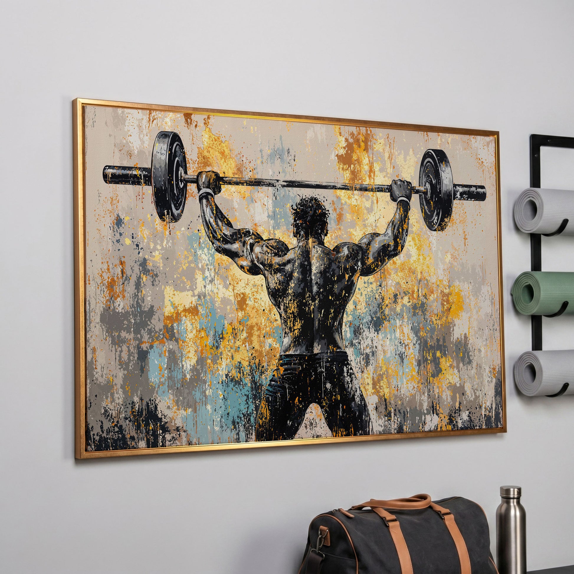 Strongman with Barbell Canvas. Mustard & Charcoal Gym Art in rose gold floating frame