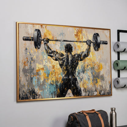 Strongman with Barbell Canvas. Mustard & Charcoal Gym Art in rose gold floating frame