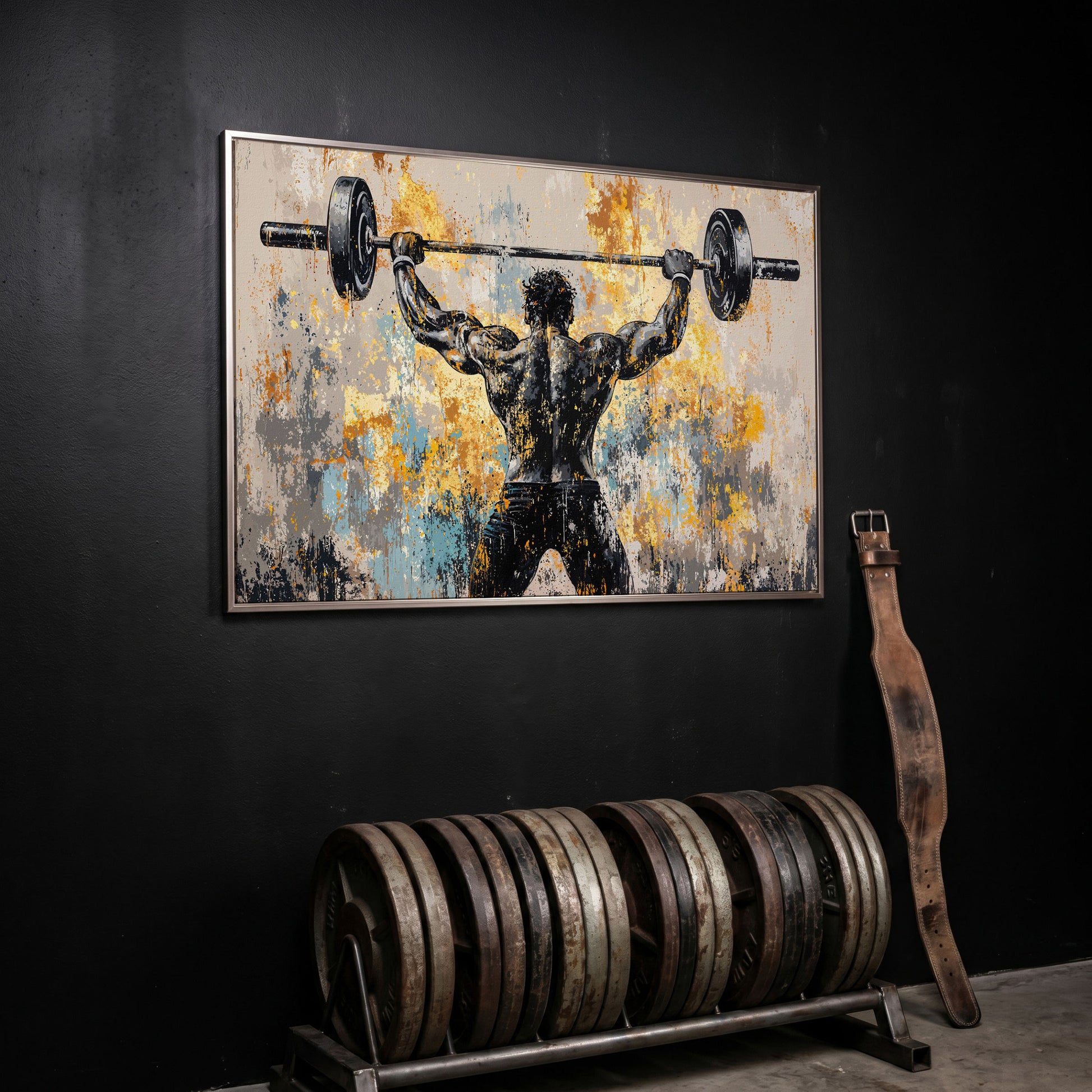 Strongman with Barbell Canvas. Mustard & Charcoal Gym Art in silver floating frame