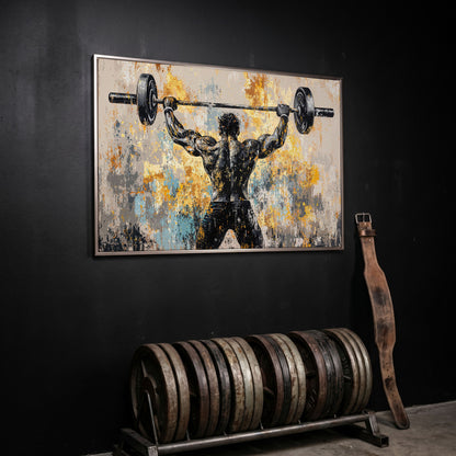 Strongman with Barbell Canvas. Mustard & Charcoal Gym Art in silver floating frame