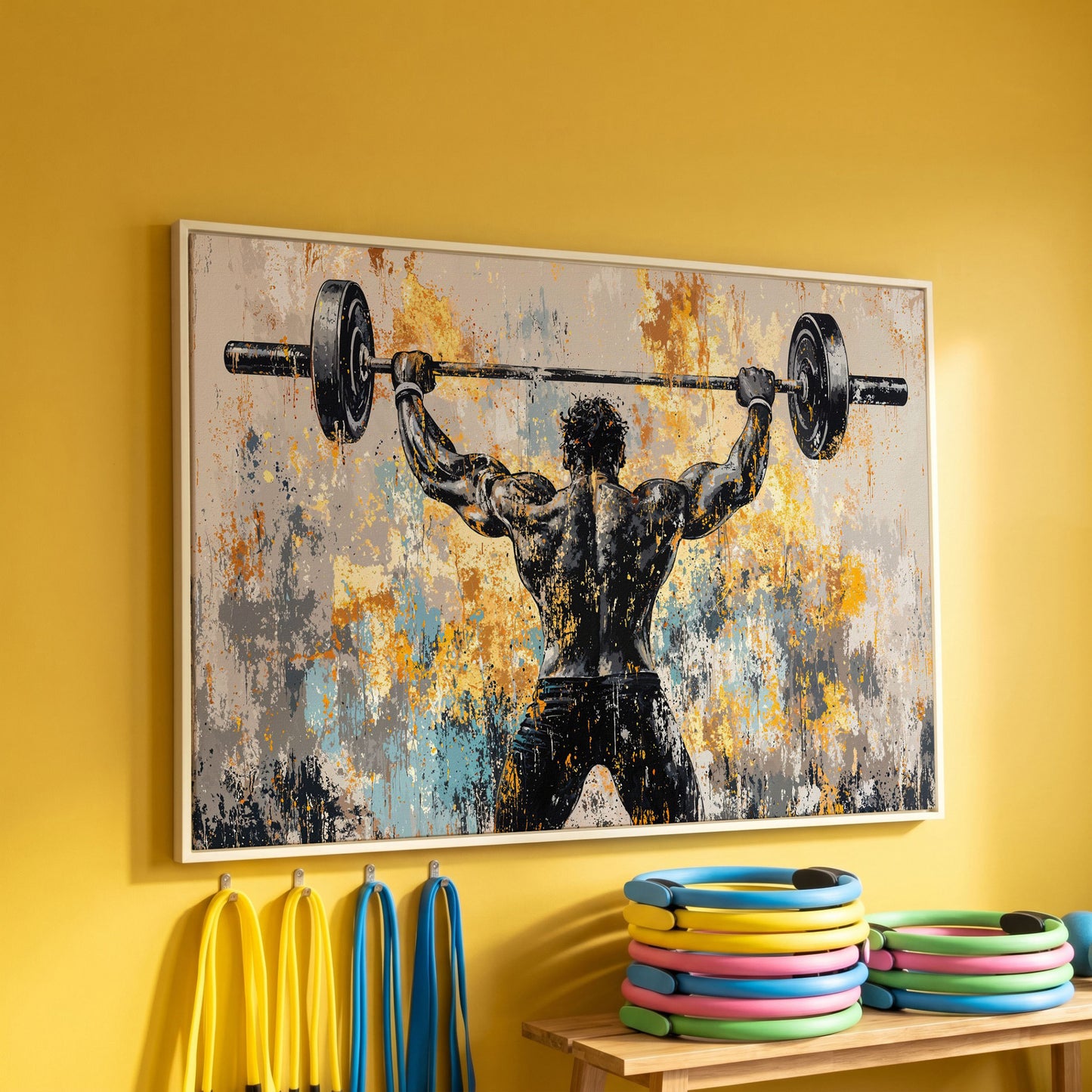 Strongman with Barbell Canvas. Mustard & Charcoal Gym Art in white floating frame