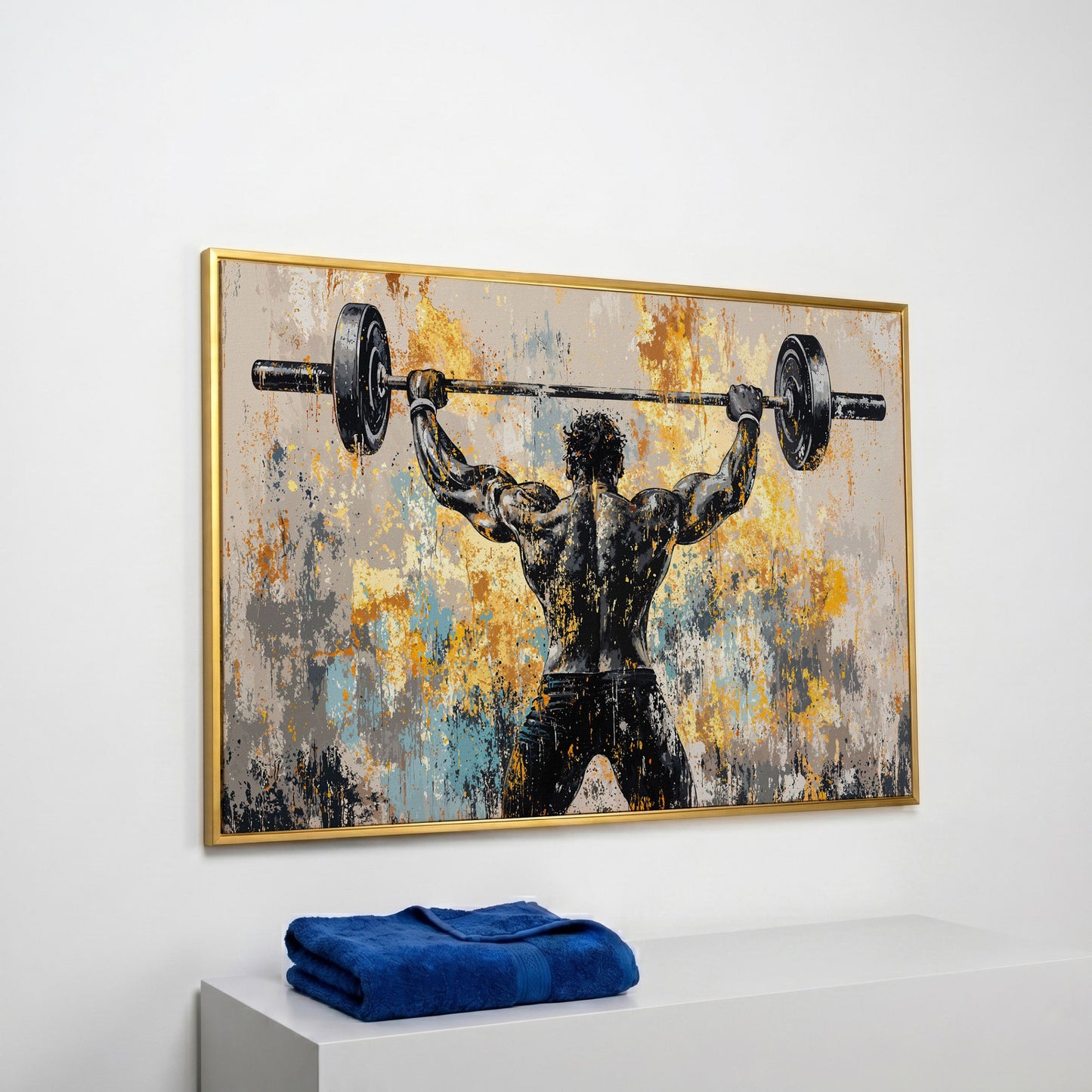 Strongman with Barbell Canvas. Mustard & Charcoal Gym Art in yellow gold floating frame
