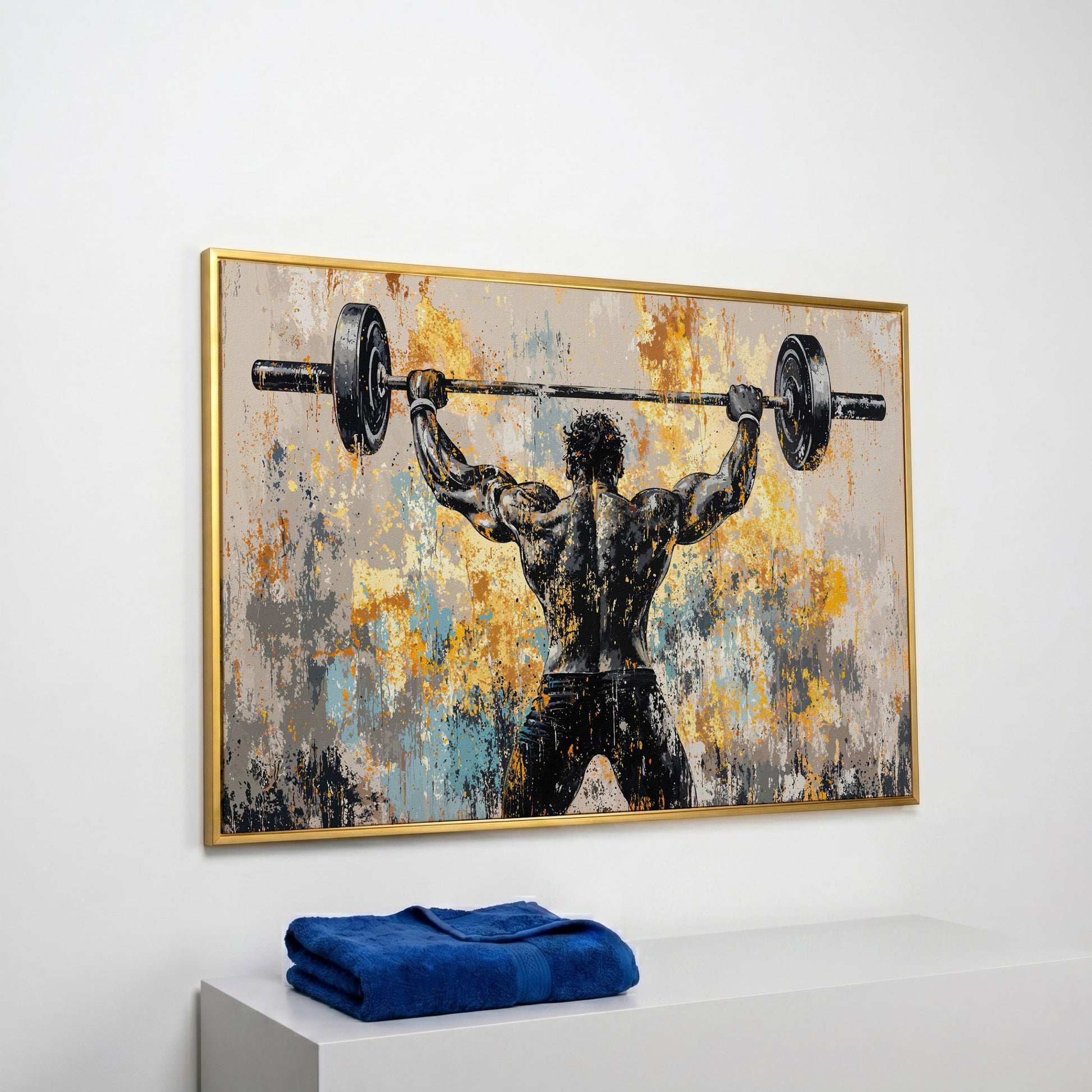Strongman with Barbell Canvas. Mustard & Charcoal Gym Art in yellow gold floating frame