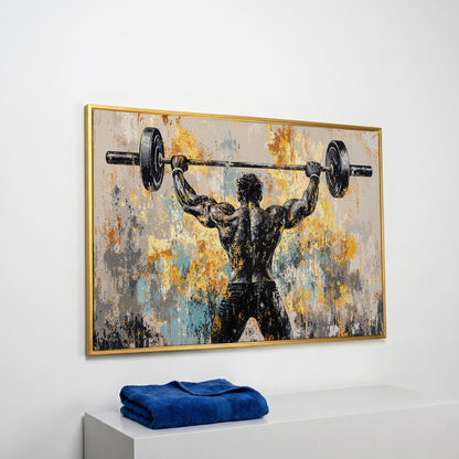 Strongman with Barbell Canvas. Mustard & Charcoal Gym Art in yellow gold floating frame