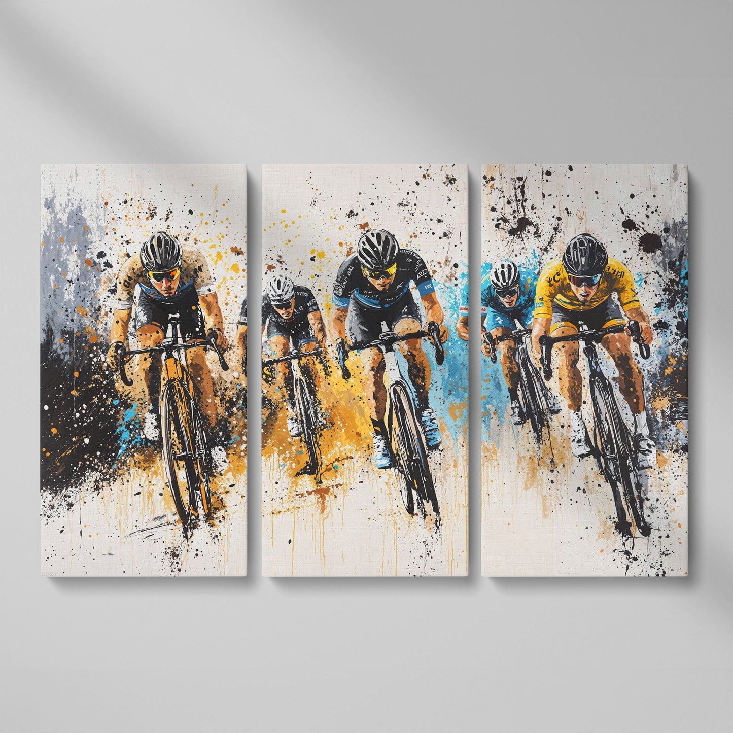 Cyclist Sports Canvas Print - Teal & Ochre Peloton as 3-panel split version