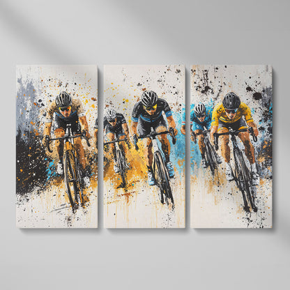 Cyclist Sports Canvas Print - Teal & Ochre Peloton as 3-panel split version