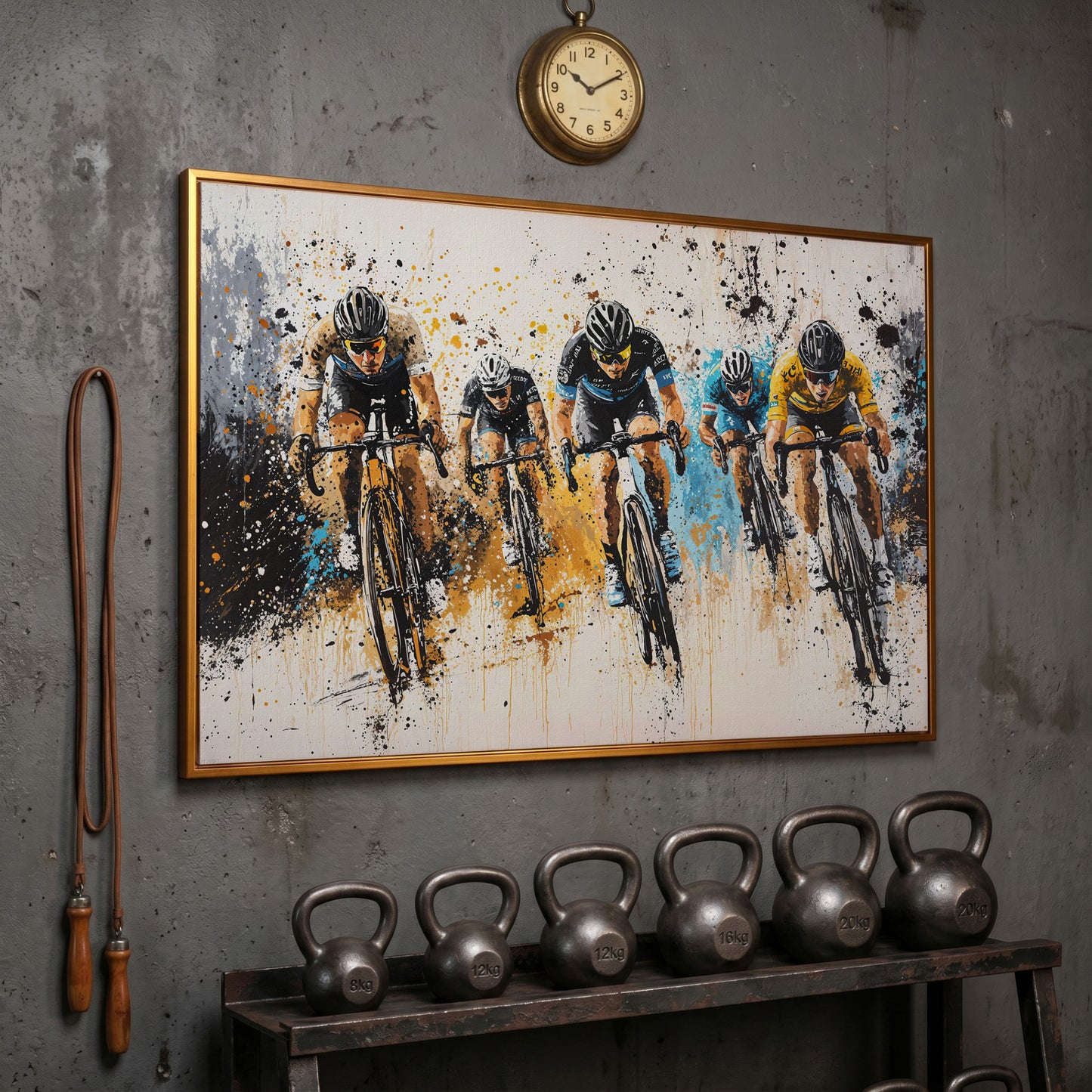 Cyclist Sports Canvas Print - Teal & Ochre Peloton in antique gold floating frame