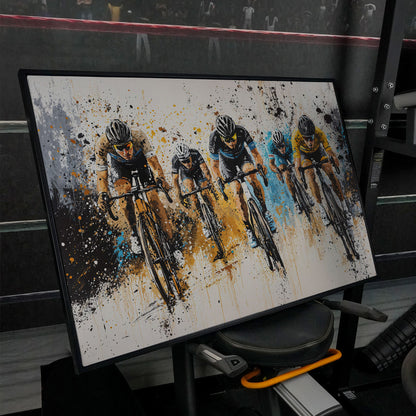Cyclist Sports Canvas Print - Teal & Ochre Peloton in black floating frame