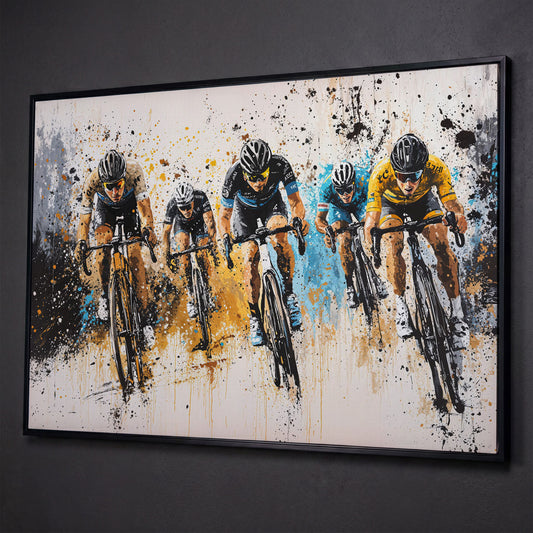 Cyclist Sports Canvas Print - Teal & Ochre Peloton shown in black floating frame