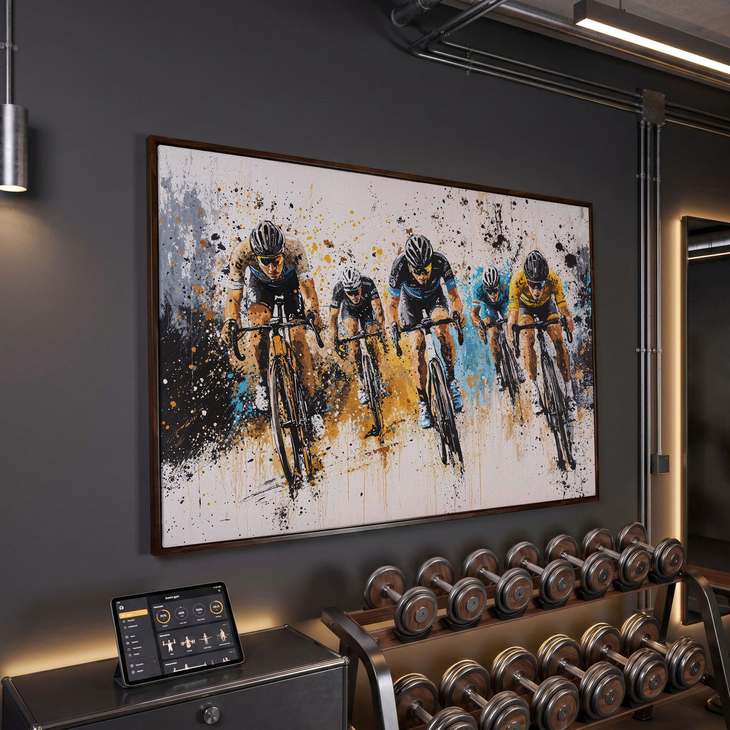 Cyclist Sports Canvas Print - Teal & Ochre Peloton in dark walnut floating frame