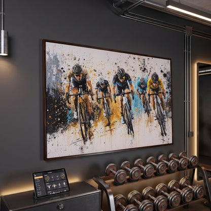 Cyclist Sports Canvas Print - Teal & Ochre Peloton in dark walnut floating frame