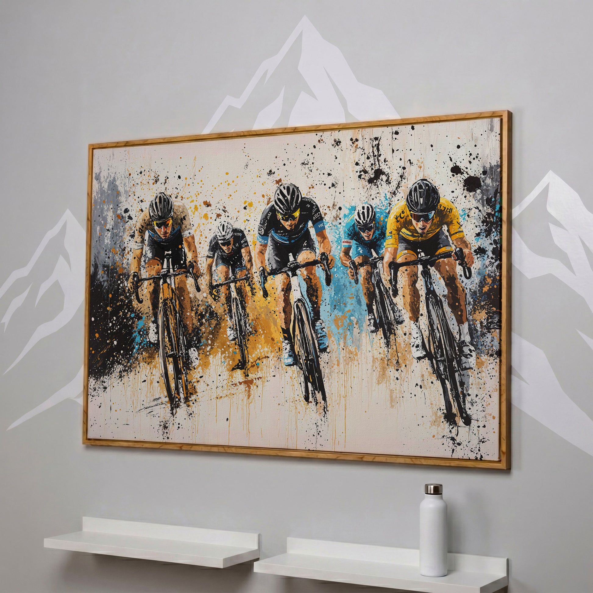 Cyclist Sports Canvas Print - Teal & Ochre Peloton in white oak floating frame